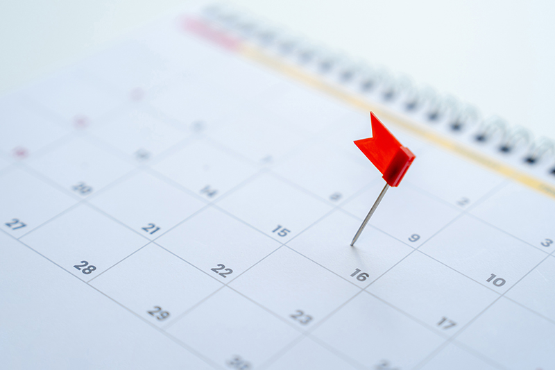 Image of a red flag pinned onto a calendar date, to signify a deadline